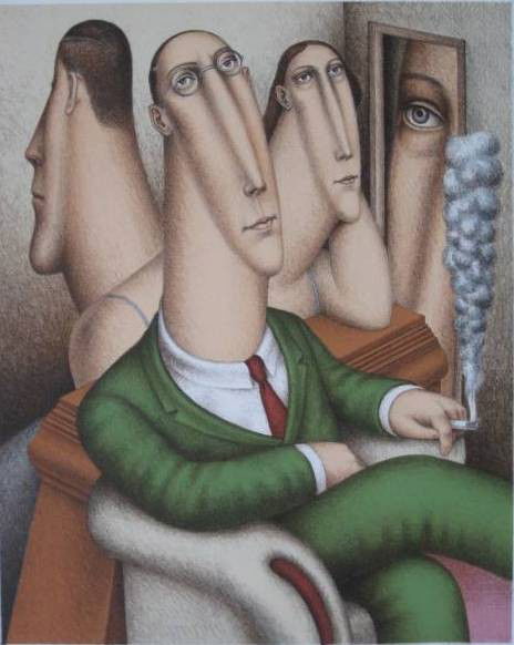 Roy Carruthers lithograph: Roy Carruthers- Man with Cigarette- lithograph in colors, ca. 1980, proof, very good condition. 15 1/4 x 12 1/4''