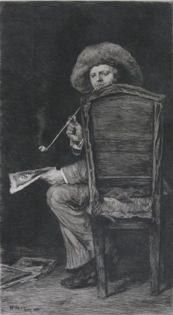 after William Merritt Chase etching: after William Merritt Chase- Portrait of Frank Duveneck- etching, 1875, etched by William Unger, very minor foxing in image. 9 1/2 x 5 1/4''