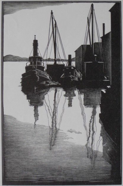 Asa Cheffetz wood engraving: Asa Cheffetz- ''On A Lee Shore'' (Springfield 48)- wood engraving, ca. 1934, signed and titled in ink, another print verso. 8 1/8 x 5 1/4''