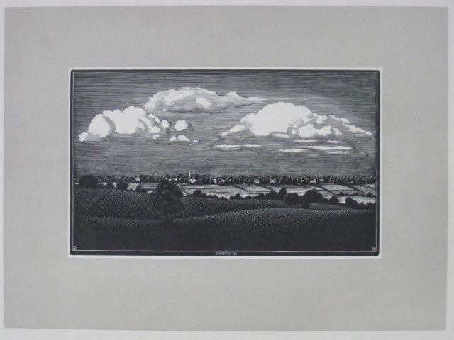 Asa Cheffetz wood engraving: Asa Cheffetz- ''Clouds Over The Valley'' (Springfield 51)- wood engraving, 1935, AAG edition of about 200, slightly age toned, minor handling creases. 4 5/8 x 7 1/2''