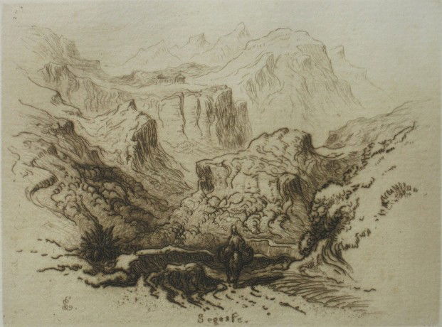 Samuel Colman etching: Samuel Colman- ''Segeste''- etching, minor foxing in margins. 3 5/8 x 4 3/4''