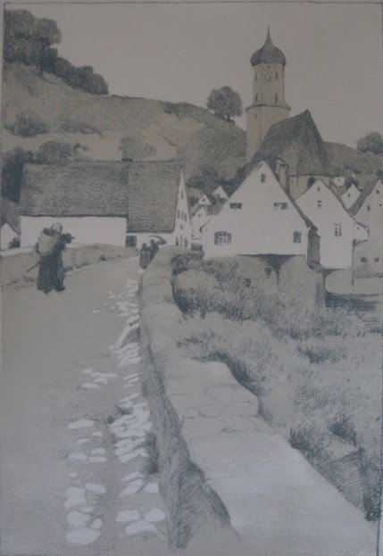 Grace Rhoades Dean lithograph: Grace Rhoades Dean- ''Stone Bridge in Hanburg''- lithograph in colors, signed and titled in pencil, light struck, mat burn, sandwiched. 19 1/4 x 13 1/4''