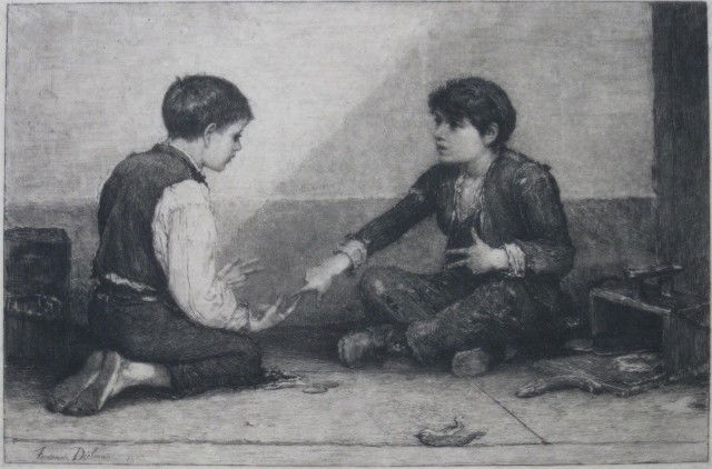 Frederick Dielman etching: Frederick Dielman- ''Mona Players''- etching on laid paper, 1883, signed in pencil, good condition. 6 3/8 x 9 1/8''