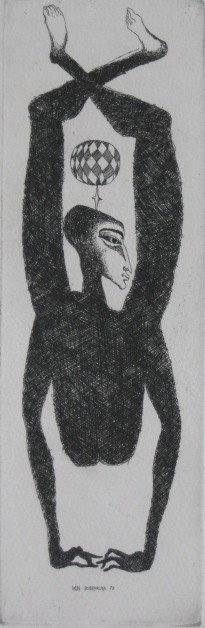 Ivan Dobroruka etching: Ivan Dobroruka- ''Acrobat''- etching, 1972, signed, dated, titled and numbered 8/40, some soiling and staining in margins. 10 1/2 x 3 1/4''