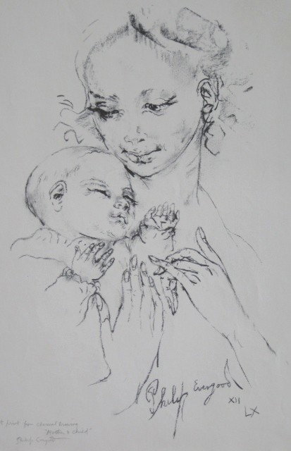 Philip Evergood off-set lithograph: Philip Evergood- Mother and Child- off-set lithograph, 1960, signed in pencil. 17 x 11 1/2''
