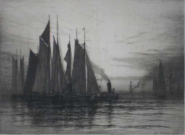 Henry Farrer etching: Henry Farrer- Harbor Scene- etching, 1886, good condition. 6 x 8 1/4''