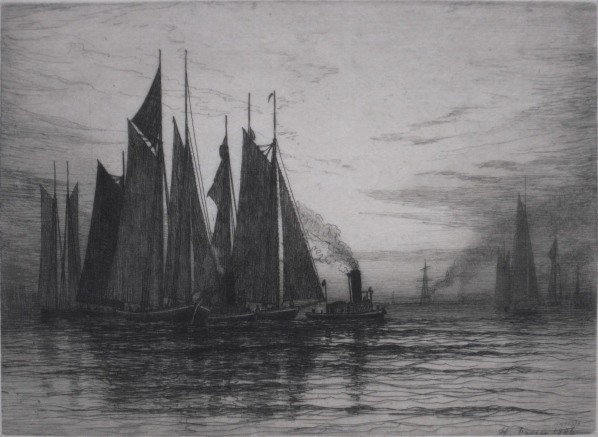 Henry Farrer etching: Henry Farrer- Harbor Scene- etching, 1886, etching, foxing right margin of sheet, none in image, good condition. 5 7/8 x 8 1/4''