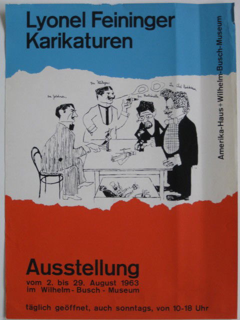 Lyonel Feininger silkscreen poster: Lyonel Feininger- ''Karikaturen''- silkscreen poster in colors, 1963, Amerika - Haus and Wilhelm - Busch Museum, previously laid down, tape residue, minor tear in margins. 22 5/8 x 16 5/8''