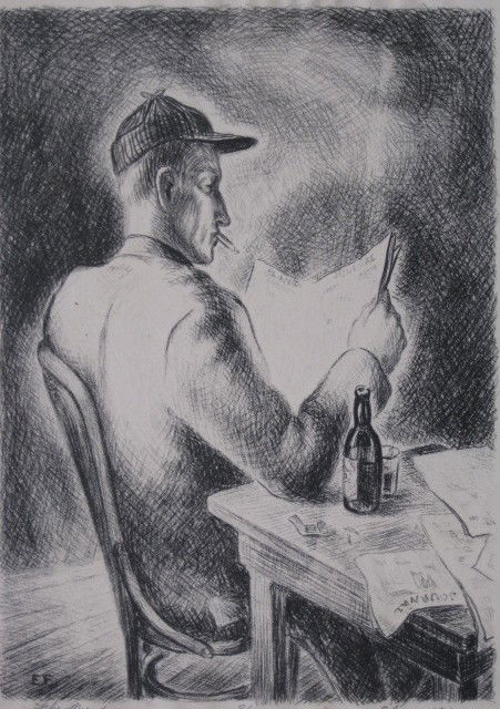 Edward Ferguson lithograph: Edward Ferguson- ''The News''- lithograph, 1937, signed, dated, titled and numbered 10/10 in pencil, done for Michigan WPA. 10 3/4 x 7 3/4''