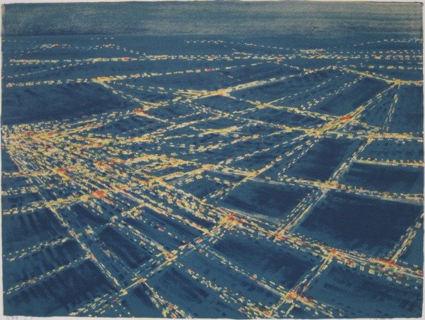 Richard Florsheim lithograph: Richard Florsheim- ''Night Flight'' (Iacono 215.11)- lithograph in colors, 1970, signed and annotated 'artist's proof' in pencil, from the ''Illuminations'' portfolio, regular edition of 100, very goo