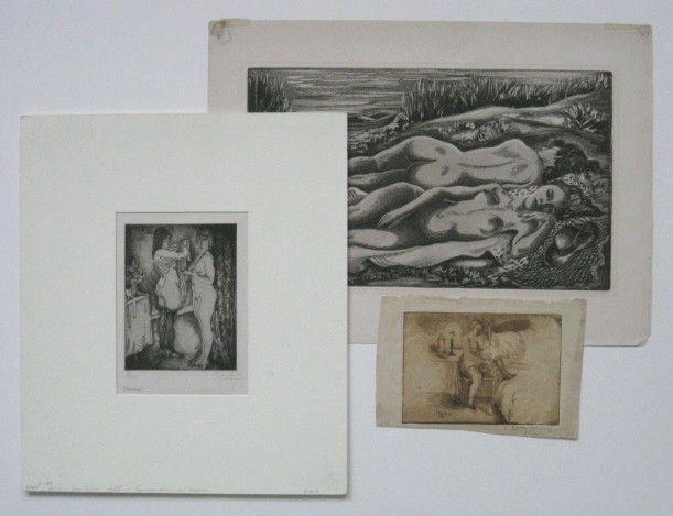 Emil Ganso 3 intaglio: Emil Ganso- Sunbath (no.1) (Smith I-163A); Woman Undressing (S. I-180); Women Dressing (S. I-181D)- 1 etching and aquatint, 1 etching and 1 drypoint and aquatint, 1932 (2), n.d., 'Women Dressing' sign