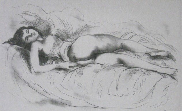 Emil Ganso lithograph: Emil Ganso- ''(Model on Couch)'' (Smith L-52)- lithograph on chine colle, 1932, signed in pencil, edition of 12, minor soiling and staining, some minor foxing scattered. 8 3/4 x 15 3/8''