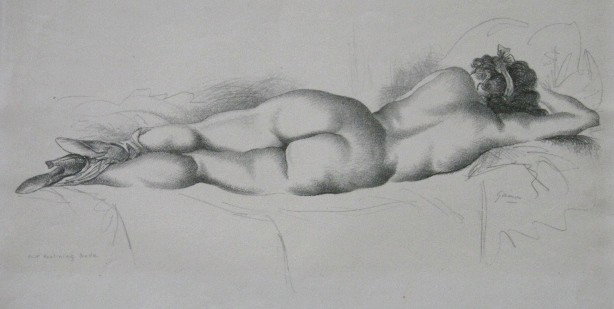 Emil Ganso lithograph: Emil Ganso- ''Reclining Nude (no.1)'' (Smith L-84)- lithograph, 1934, signed and titled in pencil, edition of 15, slightly light struck, few spots of small and minor staining and few small teas along 