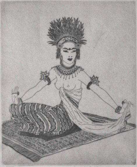 Margaret Ann Gaug etching: Margaret Ann Gaug- ''Balinese Dancer''- etching, ca. 1940, signed and titled in pencil, slight mat burn, glue residue in margins. 6 x 4 7/8''