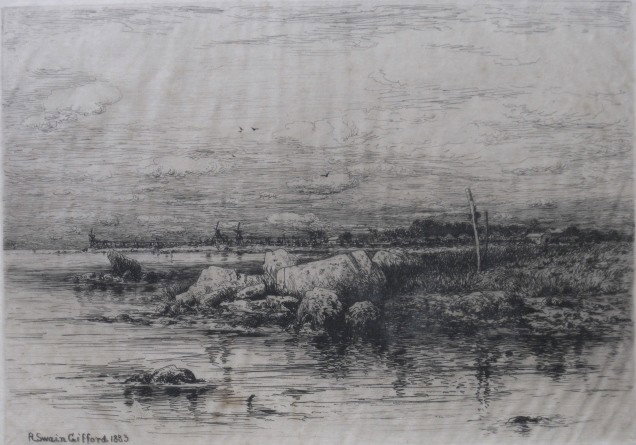 Robert Swain Gifford etching: Robert Swain Gifford- ''The Mouth of The Apponigansett''- etching on laid tissue, 1883, signed in pencil, foxing, most pronounced in waterfront in image. 7 7/8 x 11 1/4''