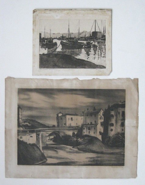 B. Gorelick lithograph and E. Kosa etching: Boris Gorelick- ''Near Santa Barbara''- lithograph; and Emil Kosa- ''San Pedro California''- etching; both signed and titled in pencil, both as is, various sizes.