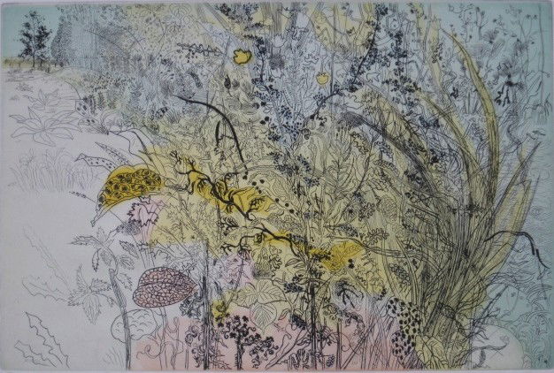 Anthony Gross etching: Anthony Gross- ''Coloured Undergrowth''- etching in colors, signed, titled and numbered 13/200 in pencil, some soiling in margins, otherwise very good condition. 10 x 14 3/4''