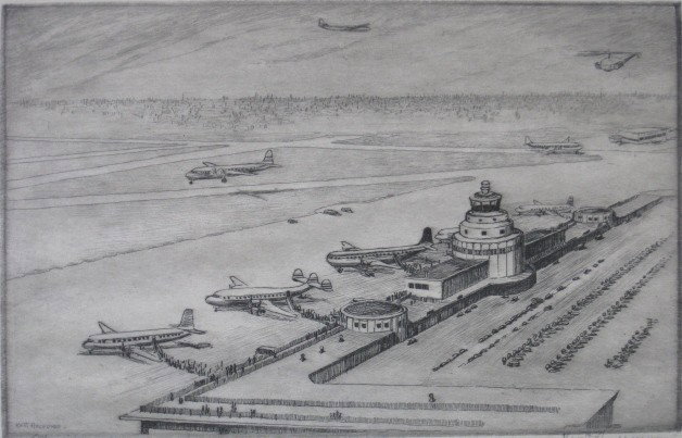 Kent Hagerman etching: Kent Hagerman- ''Municipal Airport, Chicago''- etching, signed and titled in pencil, very good condition. 6 1/4 x 10''
