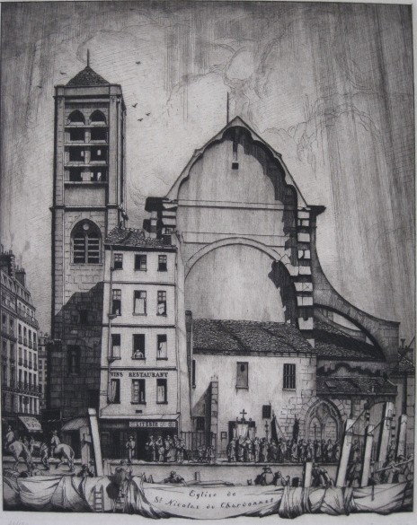 Fred G. Hall etching: Fred G. Hall- ''Eglise de St. Nicholas du Chardonnet''- etching, signed and numbered 26/150 in pencil, very good condition. 13 1/2 x 11''