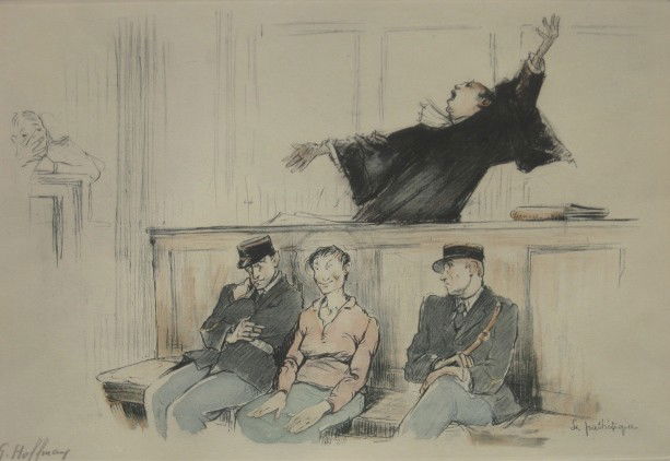 Gaston Hoffman etching: Gaston Hoffman- ''Le Pathetique''- etching in colors, ca. 1930, signed in pencil. 9 1/2 x 13 1/2''