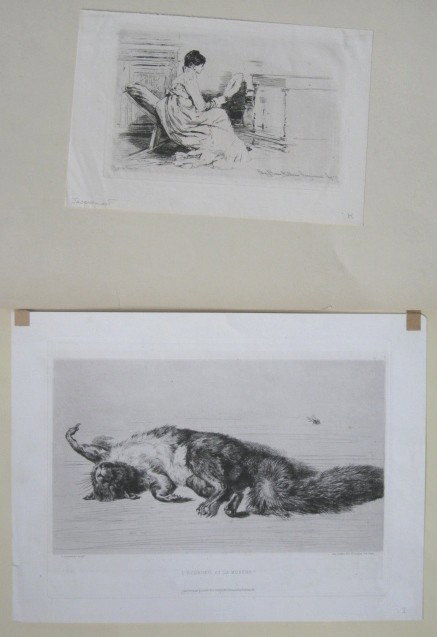 Jules Jacquemart 2 etchings: Jules Jacquemart- ''Chez Berne Bellecour''; ''L'Ecurneil Et Le Mouche?''- 2 etchings, 1875 (1), as published by Gazette Des Beaux Arts and by A. Cadart, good condition. 5 1/2 x 8 1/4''; 7 1/8 x 12 1/8