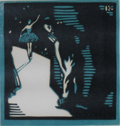 Norman Kent woodcut: Norman Kent- ''Pierrot Peers Out''- woodcut in 2 colors, signed and titled in pencil, very good condition. 4 x 3 3/4''