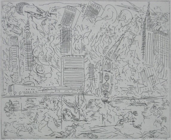 Bill Komodore etching: Bill Komodore- ''Alas That Mighty City''- etching, 1971, signed, titled, dated and numbered 166/250, AAA publication, very good condition. 8 x 10''