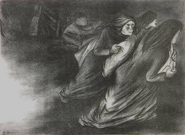 Chet Lamore lithograph: Chet Lamore- ''Fleeing Women''- lithograph, 1939, signed, dated, titled and numbered in pencil, NYC WPA. 10 x 13 1/2''