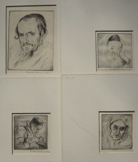 Joseph Margulies 4 etchings: Joseph Margulies- ''A Chasid''; ''Ghetto Tailor''; ''Old World Granny''; ''Patriarch in Trails''- 1 etching and drypoint, and 3 etchings, all signed, 'Ghetto..' and 'Patriarch..' with cellophane tape
