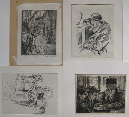 Joseph Margulies 4 works on paper: Joseph Margulies- ''Along The Jewish Quarters, Paris''; ''Asleep Over The Counter''; ''East Side Push Cart Vendor''; ''The Lesson''- 1 soft ground etching, 2 lithographs, and 1 aquatint, all signed, s