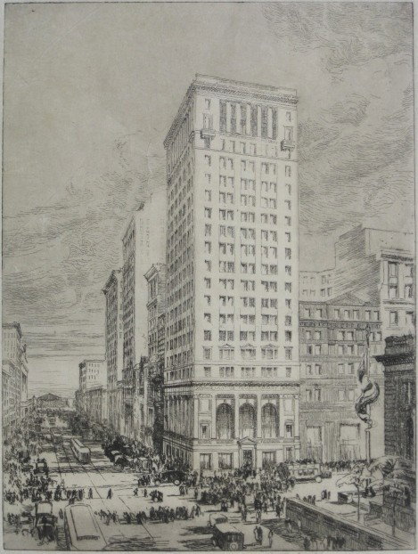 Earl Mc Kinney etching: Earl Mc Kinney- New York Street Scene- etching, 1917, signed and dated in pencil. 12 x 9''