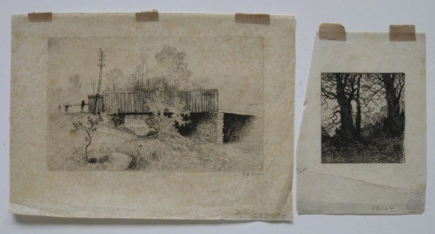 Elis F. Miller 2 etchings: Elis F. Miller- ''The Bridge''; ''Trees''- 2 etchings, ca. 1880's, 1 signed in pencil, both have foxing throughout. 8 x 12 7/8''; 5 3/8 x 5''