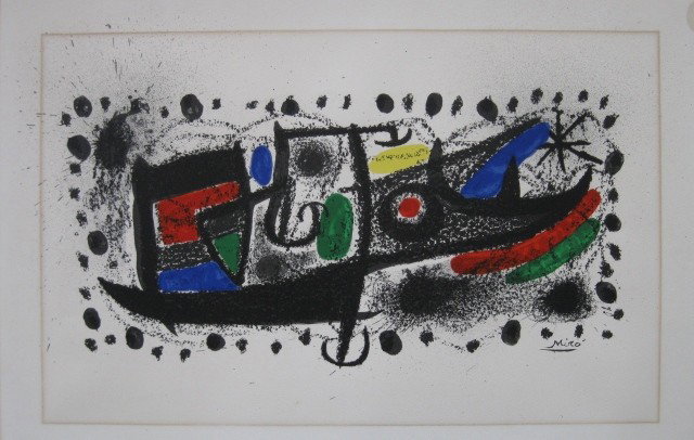 Joan Miro lithograph: Joan Miro- Untitled- lithograph in colors, as published by the Collectors Guild, light struck and mat burn. 13 x 20 3/4''