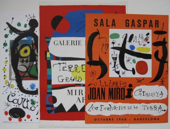 Joan Miro 3 lithographic posters: Joan Miro- ''Sala Gaspar''; ''Cartons''; and ''Terres De Grand Fen''- 3 lithographic posters in colors, 1968, ca. 1970's, various sizes.