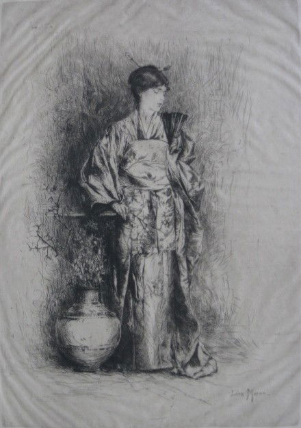 Leon Moran etching: Leon Moran- ''Japanese Fantasy''- etching on laid tissue, signed in pencil, good condition. 11 5/8 x 8 1/8''