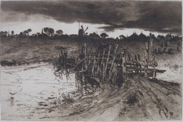 Mary Nimmo Moran etching: Mary Nimmo Moran- ''Tween The Gloaming''- etching, 1883, losses to both upper corners, tears in right and left margins, otherwise image is in good condition. 7 1/2 x 11 1/4''