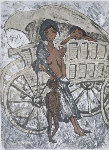 after Otto Mueller off-set lithograph: after Otto Mueller- ''Zigeunerin Mit Zwei Kindern im Planwagen''- off-set lithograph, bears signature and titled in pencil, laid down and sandwiched. 11 x 15 1/4''