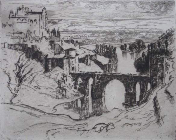 Joseph Pennell etching: Joseph Pennell- "St. Martin's Bridge, Toledo" (Wuerth 312)- etching, 1904, mat burn from the unsigned edition as published in the "Studio", light struck and mat burn. 7 7/8 x 9 7/8"