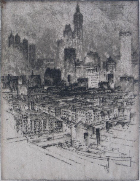 Joseph Pennell etching: Joseph Pennell- ''New York From Brooklyn Bridge'' (Wuerth 490)- etching, 1908, signed and titled in pencil, mat burn, remnants / staining from tape upper left corner, visible hinge upper left in image