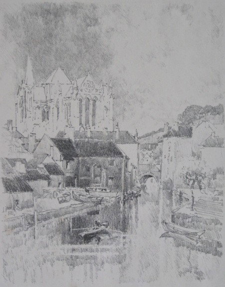 Joseph Pennell lithograph: Joseph Pennell- Truro Cathedral- lithograph, foxing mostly in the waterway. 10 3/4 x 8 1/2''