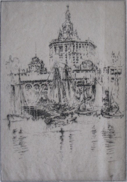 Joseph Pennell etching: Joseph Pennell- The Fish Market- etching, signed and titled in pencil, tear just below plate mark / above signature, light struck, minor foxing, removed from bound volume. 10 x 7''