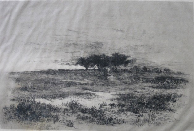 Edith Irving Pierce etching: Edith Irving Pierce- ''Solitude''- etching on laid tissue, signed in pencil, some staining lower left in image. 5 3/4 x 8 5/8''
