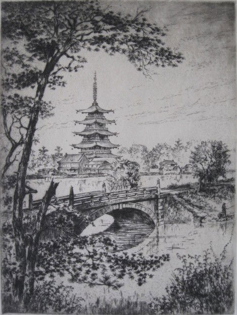 Anton Schutz etching: Anton Schutz- ''Lake and Pagoda''- etching, signed and titled in pencil, very good condition. 11 3/4 x 8 3/4''