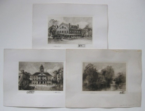 Robert Shaw 3 etchings: Robert Shaw- ''Sleepy Hollow Mill - Tarrytown''; ''Frances Tavern, NYC''; and ''Federal Hall - NYC''- 3 etchings on chine colle, ca. 1910, all signed in pencil, good condition, various sizes.