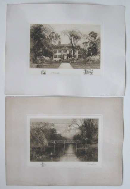 Robert Shaw 2 etchings: Robert Shaw- Concord Bridge, Concord MA; Longfellows House, Cambridge- 2 etchings on chine colle, ca. 1910, both signed in pencil, good condition, various sizes.
