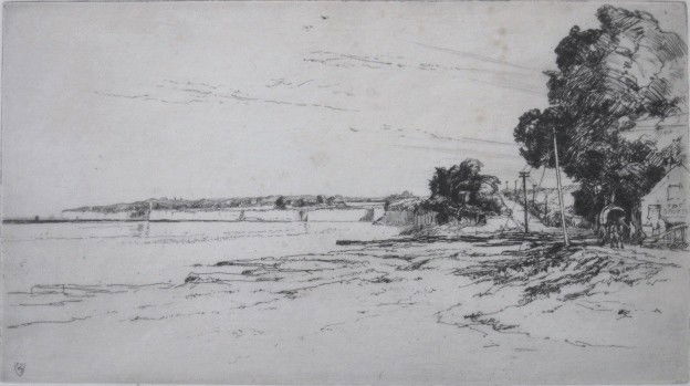 Frank Short etching: Frank Short- Shore Scene- etching, signed in pencil, foxing in the sky, some pronounced. 5 7/8 x 10 1/2''