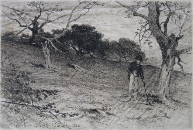 George Smillie etching: George Smillie- ''Old New England Orchard''- etching, 1883, etching on laid tissue, signed in pencil, sheet creased throughout, foxing and staining throughout. 8 x 12''