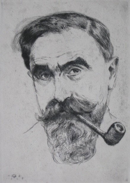 Hermann Struck etching: Hermann Struck- Portrait of Man with Pipe- etching, 1928, signed and numbered 18/50 in pencil. 8 x 5 3/4''