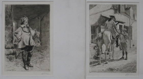 Charles Yardley Turner 2 etchings: Charles Yardley Turner- ''Captain of The Guard''; ''The Stirrup Cup''- 2 etchings, 1887, 1888, both after J. Messonnier, both signed in pencil, very good condition, various sizes.