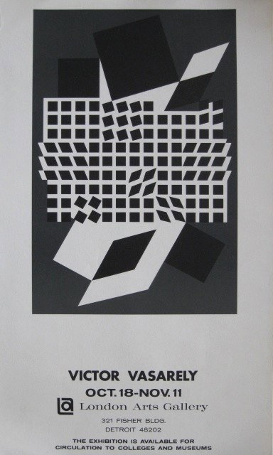 Victor Vasarely silkscreen poster: Victor Vasarely- London Arts Gallery, Detroit- silkscreen poster on heavy laid paper, minor creasing along upper edge, otherwise good condition. 35 x 19 3/4''